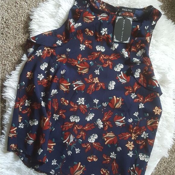 Emily Stacy NEW Navy Blue Dark Floral sleeveless Top Size Large - Picture 1 of 8